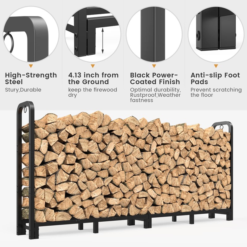 Mr IRONSTONE 8ft Firewood Rack Outdoor Indoor, Upgraded Heavy Duty