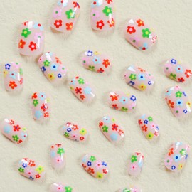 Square Press on Nails Short Fake Nails Spring Nails Press ons Glossy Glue on Nails Cute Acrylic Nails Nude with Colorful Flower Designs Artificial Stick on Nails for Women 24Pcs