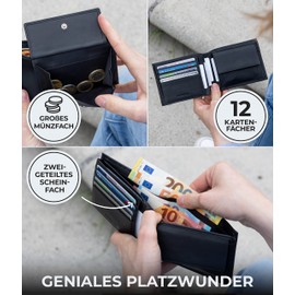 Koruta® Men's Wallet - TÜV Tested RFID Protection I Wallet & Wallet for Men with Coin Compartment and 12 Card Slots Leather, Black carbon