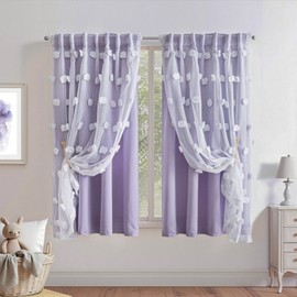 MYSKY HOME Lilac Curtains for Girls Bedroom Nursery Curtain with White Pom Pom Sheer Window Drapes Back Tab Room Darkening Double Layer 63 Inches Length 2 Panels, Light Purple, W52 X L63