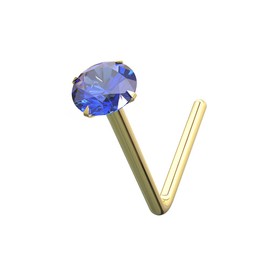 AZARIO LONDON 14K Yellow Gold Claw Set 2.5MM Blue Sapphire Round Crystal Stone 22 Gauge L Bend Nose Stud Piercing