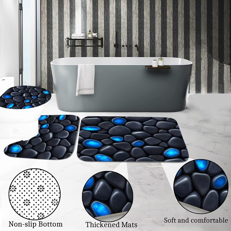 DDQQ 4Pcs Stone Shower Curtain Set with Toilet Lid Cover