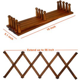 Dseap Accordian Wall Hanger: 16” High Wooden Wall Expandable Coat Rack, Hat Rack Holder, Accordion Hook for Baseball Caps, Coats, Mugs, 14 Peg Hooks, Brown