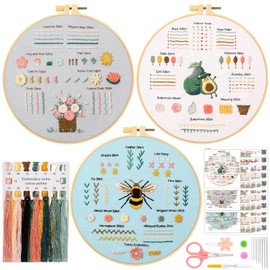 Hapurs 3-Piece Embroidery Starter Kit for Kids & Adults: Classic Floral Embroidery Kit with 28+ Stitch Techniques, Beginner-Friendly, Includes Hoop, Tools & Instructions