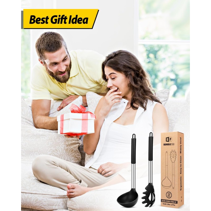 Silicone Pasta Fork and Ladle Spoon Set, Large Non Stick