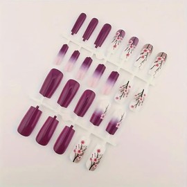 24Pcs Cute Flower Press on Nails Long Square Fake Nails Purple Gradient Acrylic Nails Full Cover Glossy False Nails White Flower Stick on Nails for Women Girls Spring Summer Nail Art Decor