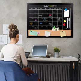 Board2by Monthly Chalkboard Calendar & Cork board for Wall, 18" x 24" Magnetic Chalk Calendar Board Combo Board, Hanging Wood Frame Combination Board Blackboard with Pens for Office, School, Home