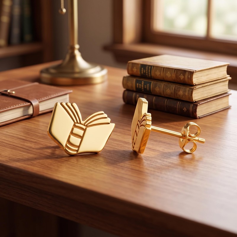 Aswinfon 18K Gold Plated Open Book Stud Earrings Dainty Back