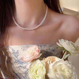 Aneneiceera Vintage Pearl Choker Necklace Gold Pearl Necklace Stand Pearl Collar Necklace Retro Freshwater Pearl Station Necklace Chain Jewelry for Women (6MM)