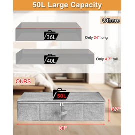 punemi Under Bed Storage, 3 Pack Underbed Storage Container Bags With Lid, Foldable Sturdy Clothes Storage Drawer Organizer W/ 3 Handles, Ultra Thick Fabric Blanket Shoe Storage Box, Grey