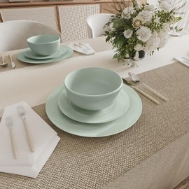 Yoshy 12-Piece Green Bone China Dinnerware with Lightweight Durable Chip Resistant Design Service for 4