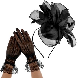 Sibba Tea Party Hat with Lace Gloves 1920s Vintage Fascinator Hats Cocktail Flower Headpiece for Women Girl Black Wedding Ribbons Feather Hair Clip Pillbox Fascinators Hat Church Banquet Cosplay Party