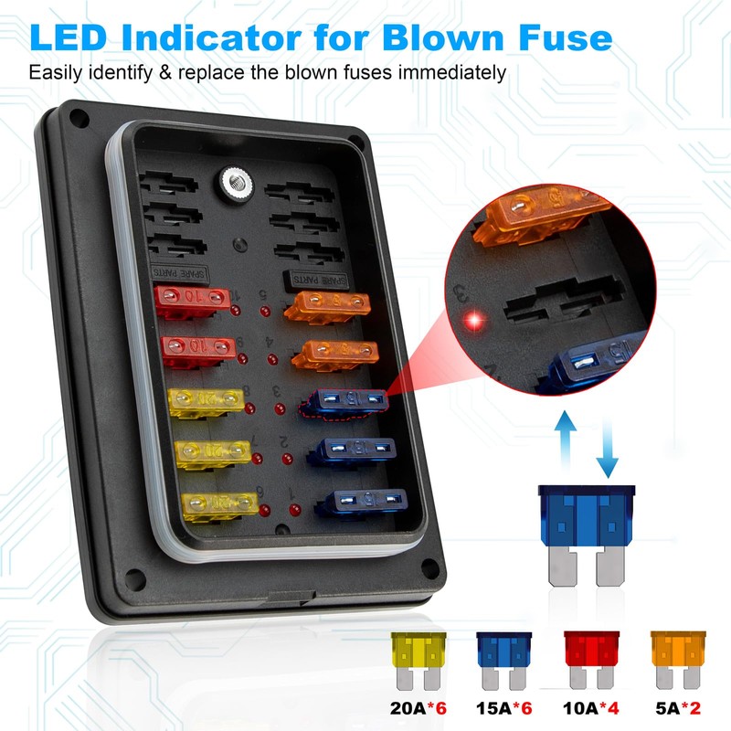 100A 10 Way Fuse Block, 12V Fuse Box Holder 10