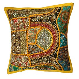 Rastogi Handicrafts Decorative Cotton Cushion Cover Embroidered Patchwork Cushion Cover Indian Traditional Handmade Yellow