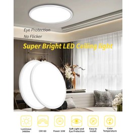 2pack 16 Inch Flush Mount Ceiling Light, 32w Led Ceiling Light, 3000k/4000k/6000k Selectable 3480lm Ceiling Light, Super Slim Led Light Fixture for Bedroom Kitchen Living Dining Room Office