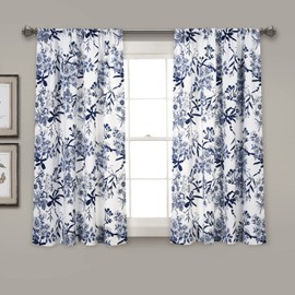Lush Decor Botanical Garden Curtains Floral Bird Print Light Filtering Window Panel Drapes Set for Living, Dining, Bedroom (Pair), Navy, 52"W x 63L"