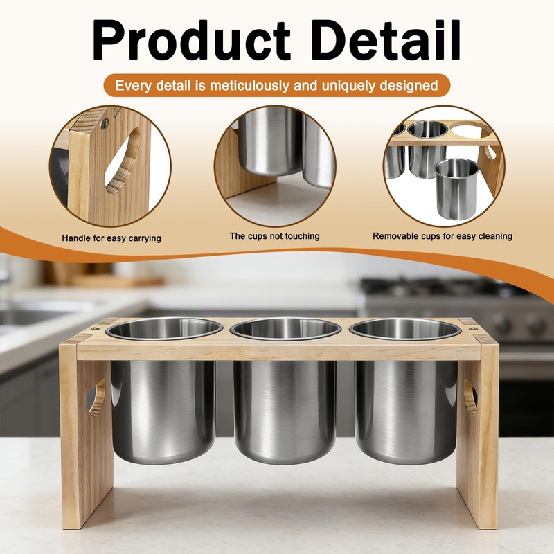 EcoDuck 3 Pack Utensil Holder, Stainless Steel Organizer with Wood