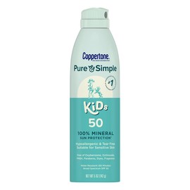 Coppertone Pure and Simple Kids Sunscreen Spray SPF 50, Zinc Oxide Mineral Sunscreen for Sensitive Skin, Hypoallergenic and Tear Free, 5 Oz Can