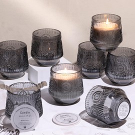 LAMORGIFT 12 Pack Gary Glass Jars for Candle Making- Floral Theme 7OZ Glass Candle Making Jars, Empty Candle Jars, Candle Containers, Candle Vessels with Candle Making Accessories for Making Candles