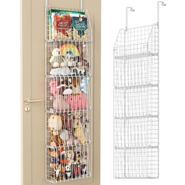 JKsmart Metal Stuffed Animal Storage with Elastic Cord, Over Door Organizer for Toy Storage, 5-Tier Hanging Shelevs for Stuffies, Hanging Plushies Organizer Holder for Kids Room,playroom, White