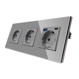 CNBINGO Glass Triple Socket with 2 USB Ports, (1 x Type-C and Type-A Support for 20 W Fast Charging), Schuko Socket, Flush-Mounted, in Grey, Protective Contact Wall Socket with Glass Frame