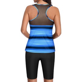 Yonique Women's Two Piece Swimsuits with Shorts Modest Tankini Bathing Suits Racerback Swim Tops Short Athletic Swimwear Blue Stripe 22W
