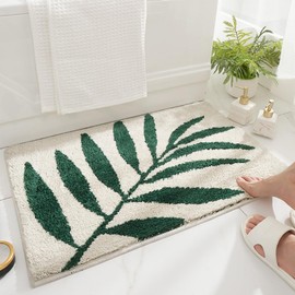 Huilimei Green Leaf Bathroom Rug Super Soft Fiber Absorbent Non-Slip Machine Washable Botanical Pattern Bath Mat for Bathtub Sink Bedroom