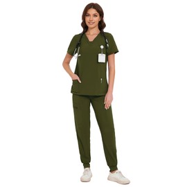 COZYFIT Scrubs for Women - V-Neck Top & Cargo Pants Scrubs Set with 10 Pockets - Olive Green, M
