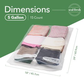 Seal Fresh 5 Gallon Large Plastic Storage Bags – 18" x 24" (15 Count) – Reusuable XXL Extra Large Heavy Duty Clear Jumbo Freezer Zip Bags with Sealable Zipper Top For Clothes, Travel, Moving