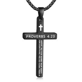 Fiusem Black Cross Necklace for Men, Bible Verse PROVERBS 4:23 Cross Pendant with 2.5mm Box Chain 22 Inch