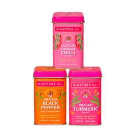 Diaspora Spice Co. The Trio Gift Box | 3 Premium Single-Origin Spices | Pragati Turmeric, Aranya Black Pepper and Guntur Sannam Chillies