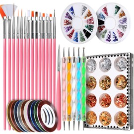 Teenitor Nail Pen Designer, Stamp Nail Art Tool with 15pcs Nail Painting Brushes, Nail Dotting Tool, Nail Foil, Manicure Tape, Color Rhinestones for Nails Pink