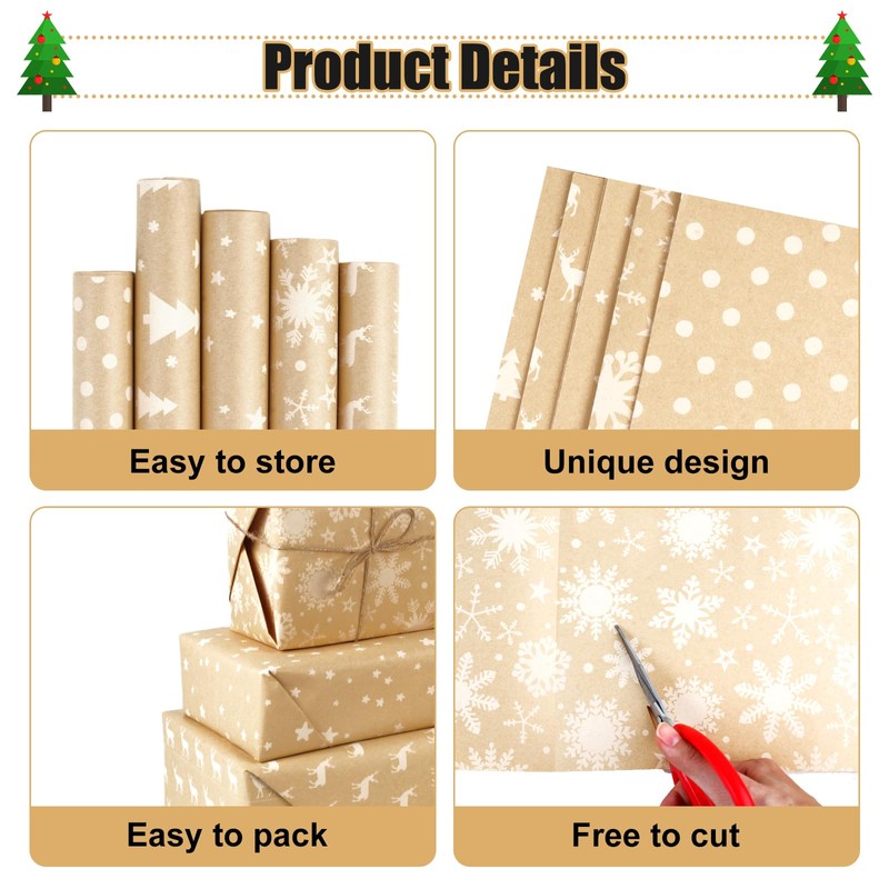 5 Styles Kraft Christmas Wrapping Paper Bulk, 100X44cm Wrapping Paper