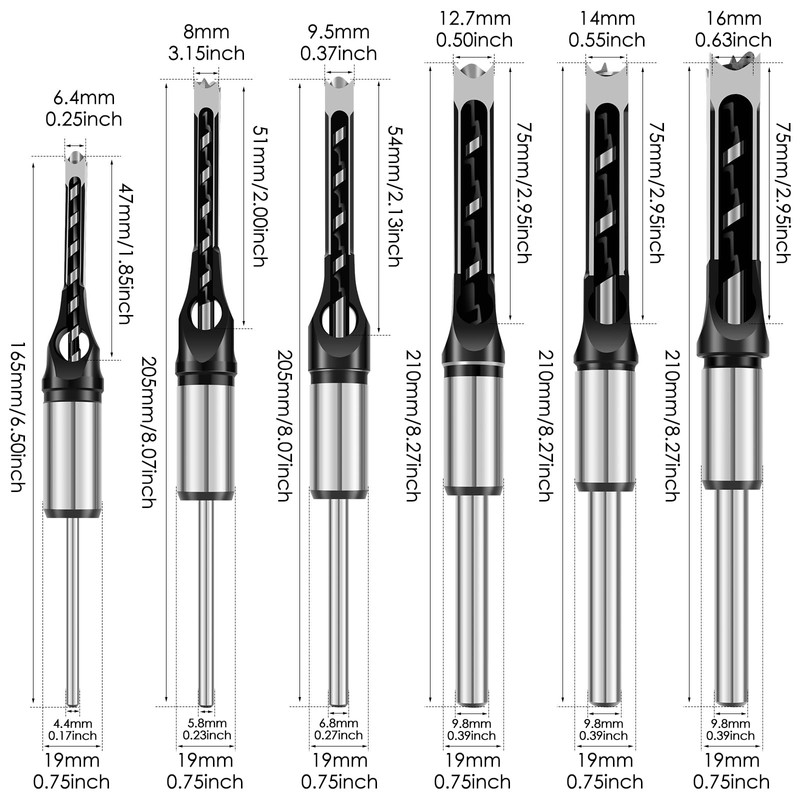 Abizarch 6Pcs Square Hole Drill Bits High Speed Steel Mortising
