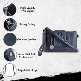 Bolso bandolera de piel para mujer, bolso de mano con correas ajustables y desmontables con bolsa para el polvo, marino, 23.5 x 13 x 5