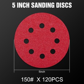 Pukamam 120 Pcs 5 inch Sanding Discs 150 Grit 8 Hole Hook and Loop Round Sandpaper for Random Orbital Sander