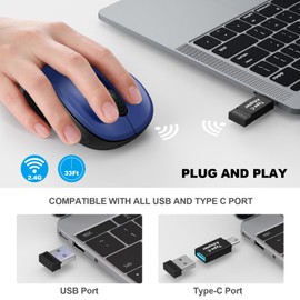 WisFox 2.4G Wireless Mouse for Laptop, Ergonomic Computer Mouse with USB Receiver and Type-C Adapter, 3 Adjustable Levels, 6 Button Cordless Wireless Mice for Windows Mac PC Notebook (Blue)