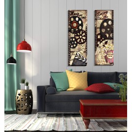 Movie Night! Classic Old-Fashioned Cinema "Enjoy the Show" and "Movie Time" Panel Set by Tre Sorelle Studios; Two 12x36in Stretched Canvases