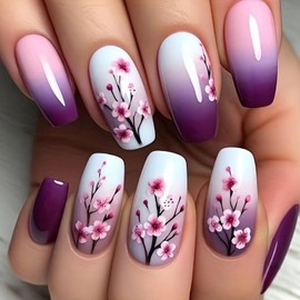 Flower Press on Nails Long Fake Nails Purple White Gradient False Nails with Acrylic designs Coffin Stick on Nails Glossy Full Cover Gel Glue on Nails for Women Girls Spring Summer Manicure24pcs