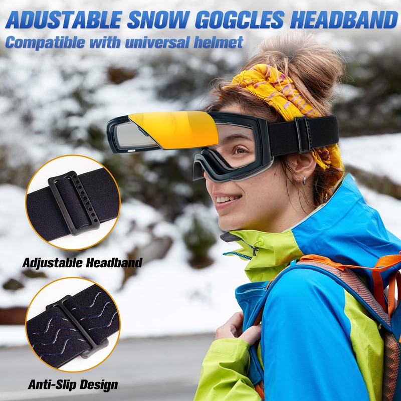 Flip Up Ski Snowboard Goggles for Men Women, Anti-Fog UV