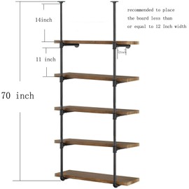 Yuanshikj 2Pc (70" Tall 12" deep 3/4") Industrial Wall Mount Iron Pipe Shelf Shelves Shelving Bracket Vintage Retro Black DIY Open Bookshelf Storage Home Kitchen (2 Pcs 5Tier Hardware only)