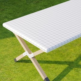 Romanstile Rectangle Vinyl Tablecloth, 100% Waterproof Elastic Fitted Table Cover for 6 Foot Tables, Wipeable Flannel Backed Plastic Tablecover for Picnic, Camping, Outdoor (White Plaid, 30x72 Inches)