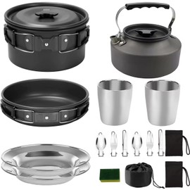 SEXYBIRDS - Juego de Vajilla de Acero Inoxidable,Kits 17 Camping Utensilios de Cocina para Campismo para 2-3 Personas Portátiles para