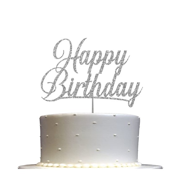Decoración para tartas con purpurina de feliz cumpleaños, ideas para decoración de fiesta de cumpleaños, decoración de alta calidad, resistente purpurina de doble cara, palo de acrílico. Fabricado en Estados Unidos (plata)