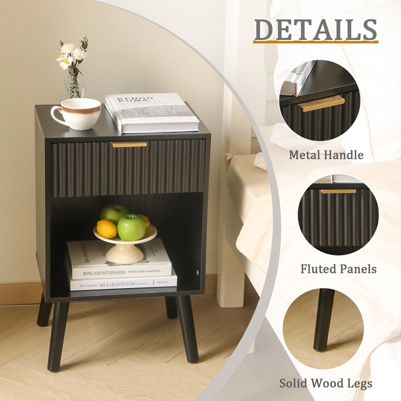 Fultyle Fluted Black Nightstand with Charging Station, Mid Century Modern