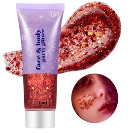 Go Ho Red Face Body Glitter,Singer Concerts Red Face Paint Glitter Makeup,Holographic Chunky Sequins Glitters for Eye Lip Hair Nails,Festival Glitter Rave Accessories,07 Red Glitter 52g