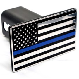 USA US American Flag Emblem Metal Trailer Hitch Cover (Fits 2.5" Receivers, Black & Chrome with Thin Blue line)