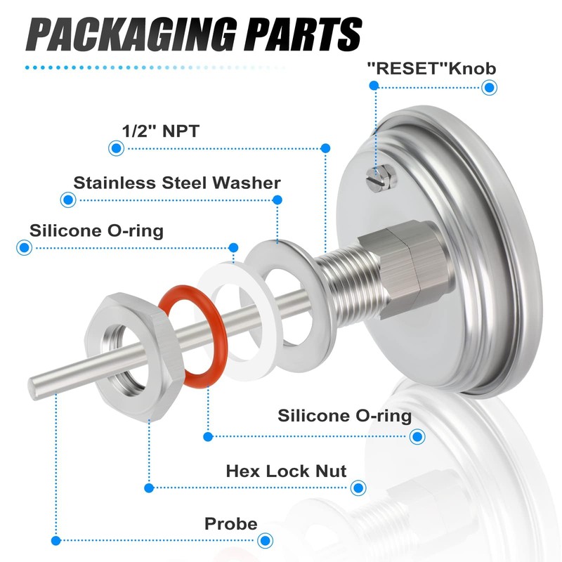 MEANLIN MEASURE 1/2" NPT Bimetal Thermometer, 3.3" Dial, 4.4" Stainless