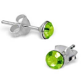 Green Stud Earrings with Crystal Stones 925 Sterling Silver 4mm