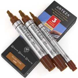 Arteza Acrylic Paint Markers, Pack of 3, A300 Yellow Ochre, 1 Thin and 2 Thick (Chisel + Bullet Nib) Acrylic Paint Pens, for Metal, Canvas, Rock, Ceramic Surfaces, Glass, Wood, and Fabric